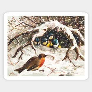 Vintage Christmas Postcard Depicting Birds in Snow Sticker